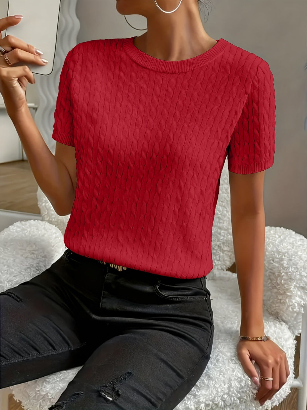 Tabitha | Textured Round Neck Short Sleeve Top