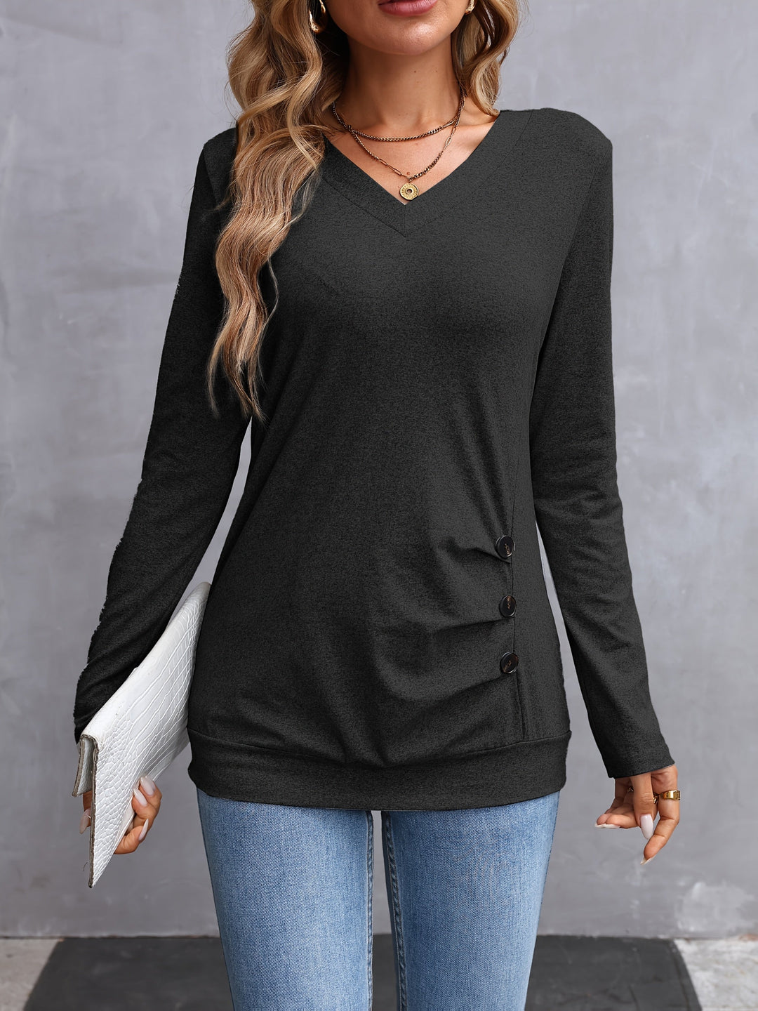 Kathryn | Side-Button V-Neck Long Sleeve Top
