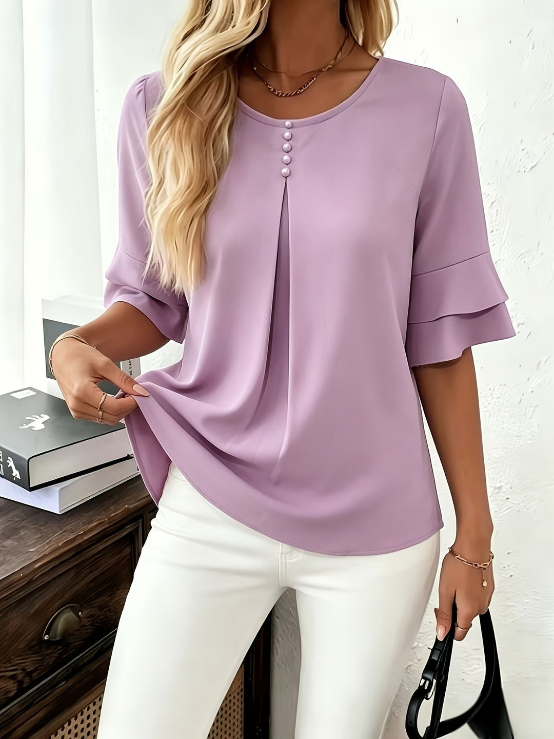Karen | Flared-Sleeve Pleated Blouse