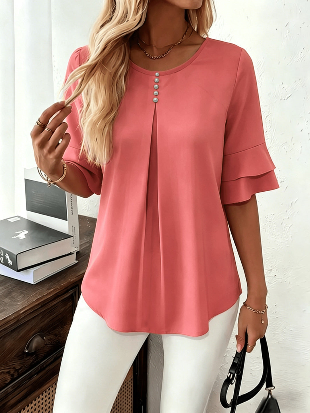 Karen | Flared-Sleeve Pleated Blouse