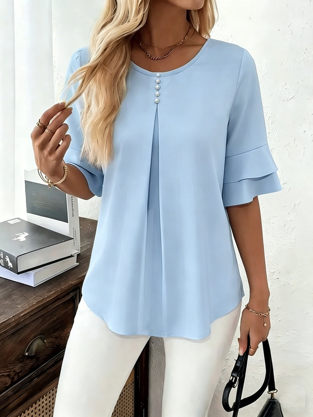 Karen | Flared-Sleeve Pleated Blouse