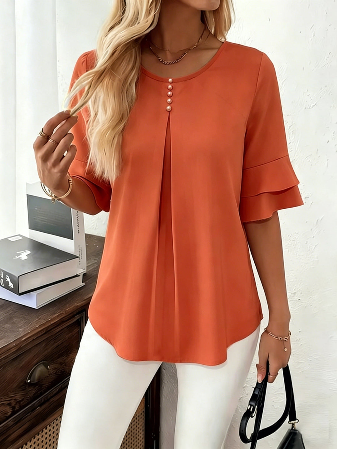 Karen | Flared-Sleeve Pleated Blouse