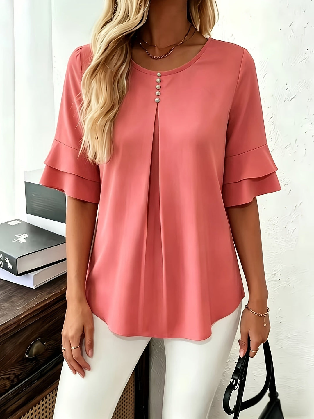 Karen | Flared-Sleeve Pleated Blouse