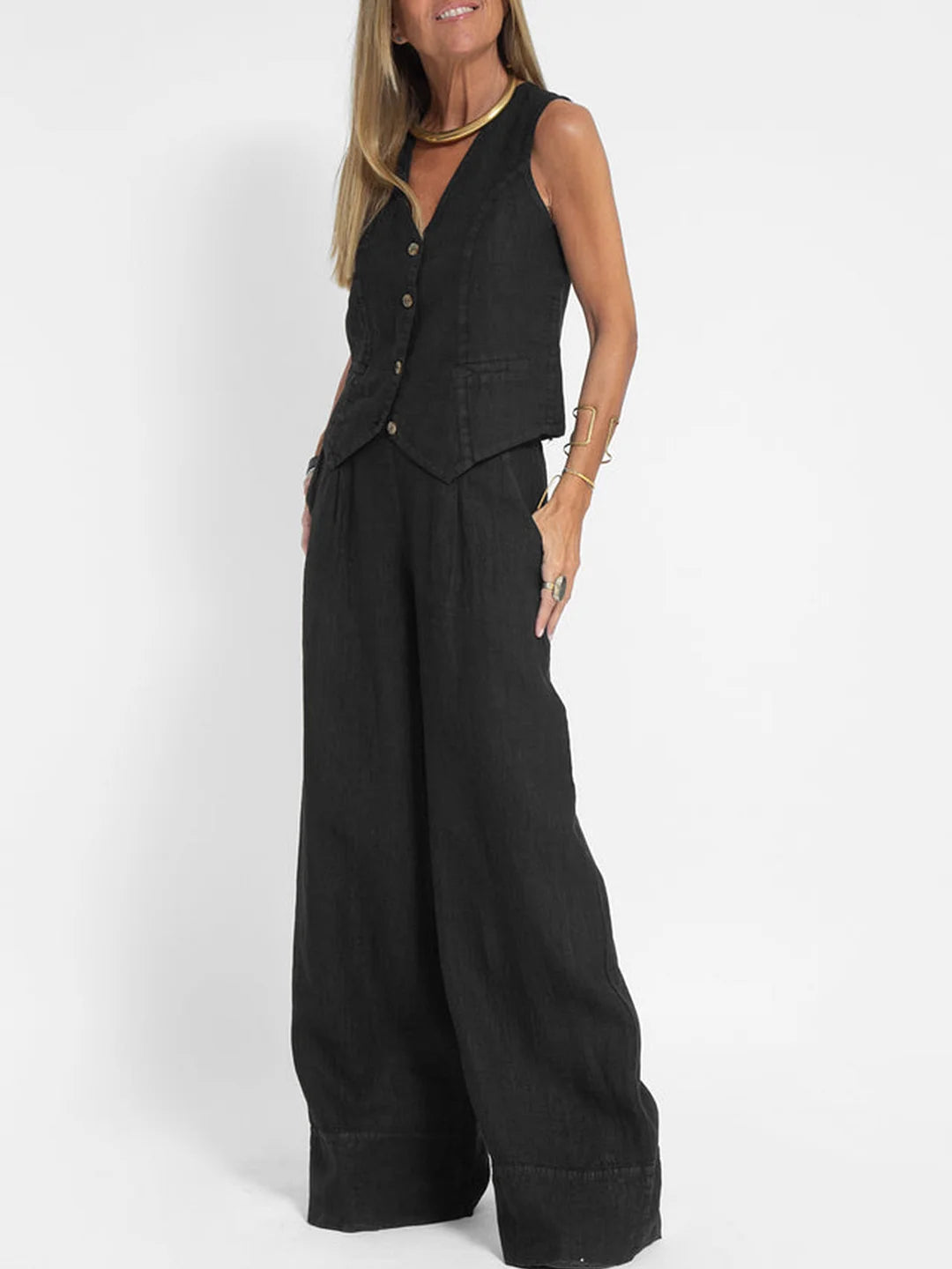 Lauren | Sleeveless V-Neck Vest &amp; Wide-Leg Trousers Set