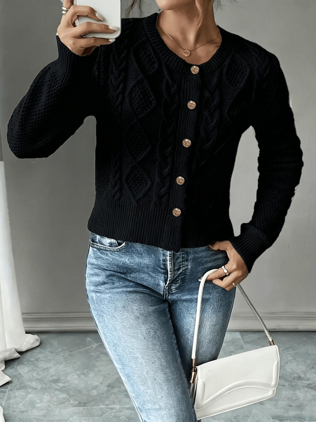 Eleanora | Cable-Knit Button-Front Cardigan
