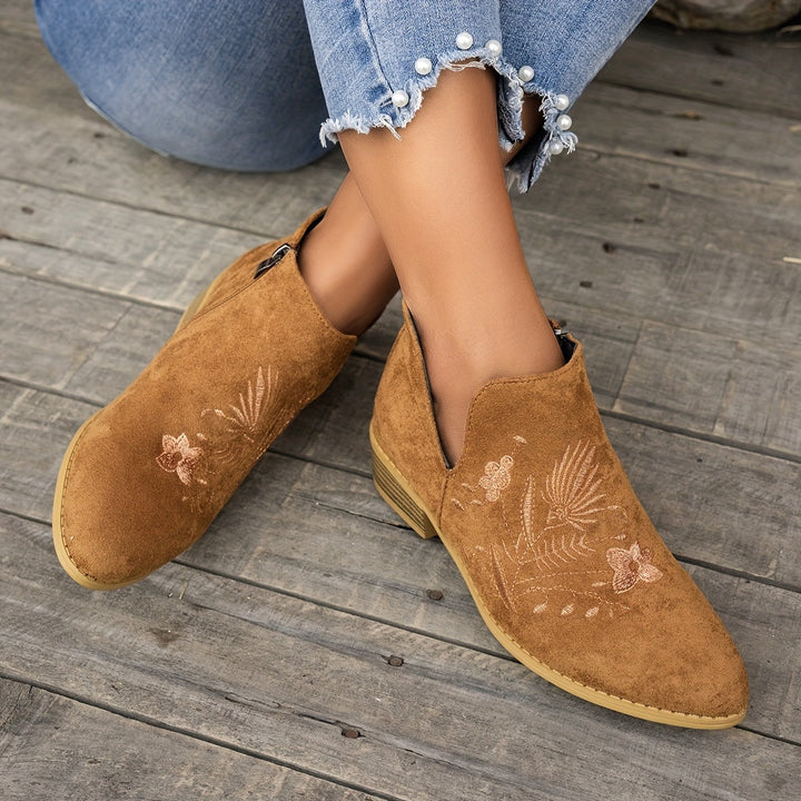 Isadora | Embroidered Low-Heel Ankle Boots