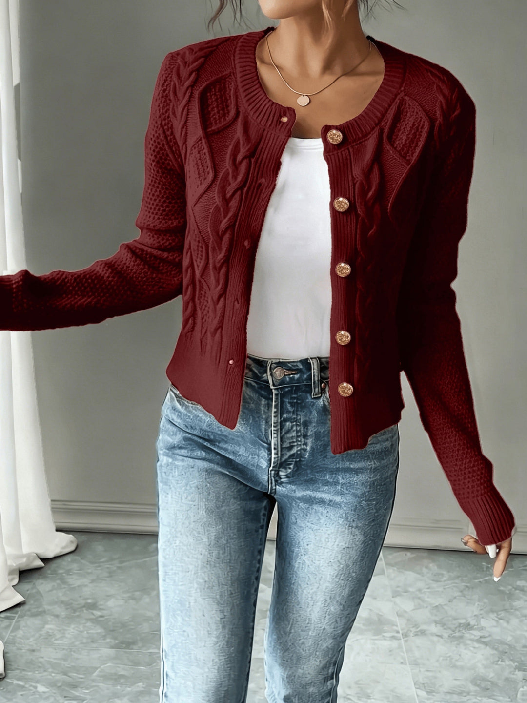 Eleanora | Cable-Knit Button-Front Cardigan