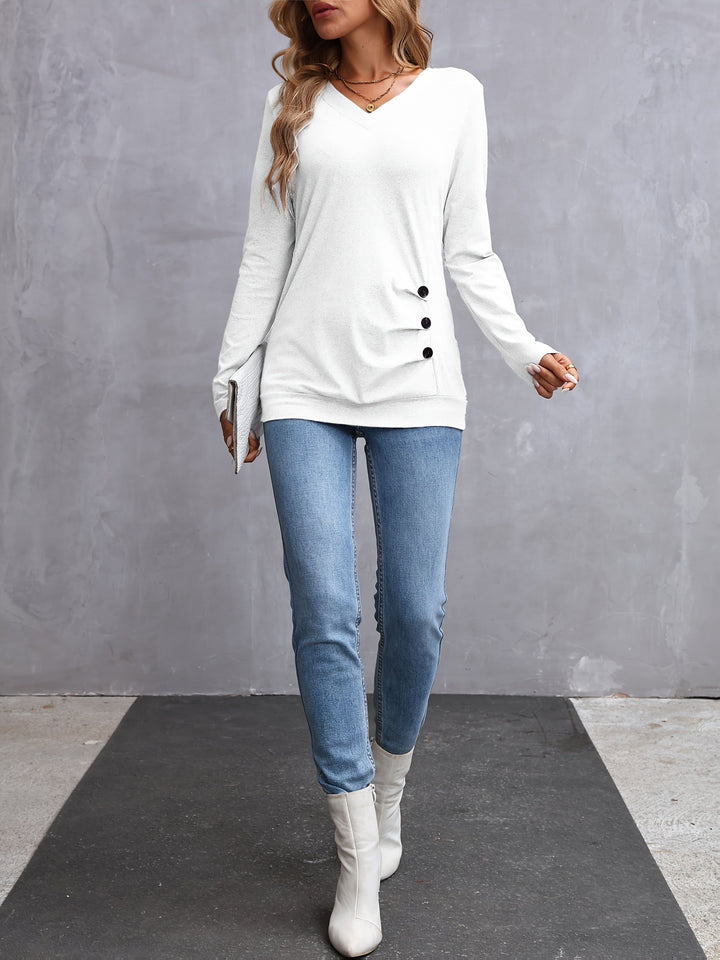 Kathryn | Side-Button V-Neck Long Sleeve Top