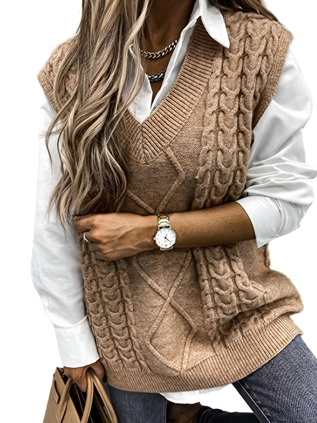 Cora | Cozy Cable-Knit V-Neck Jumper Vest
