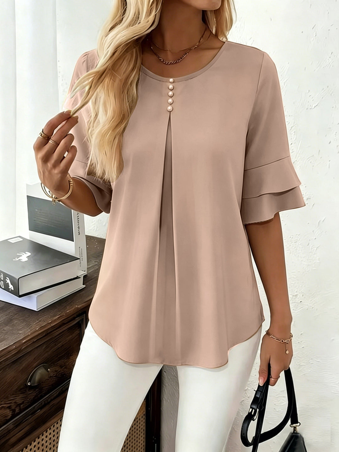 Karen | Flared-Sleeve Pleated Blouse