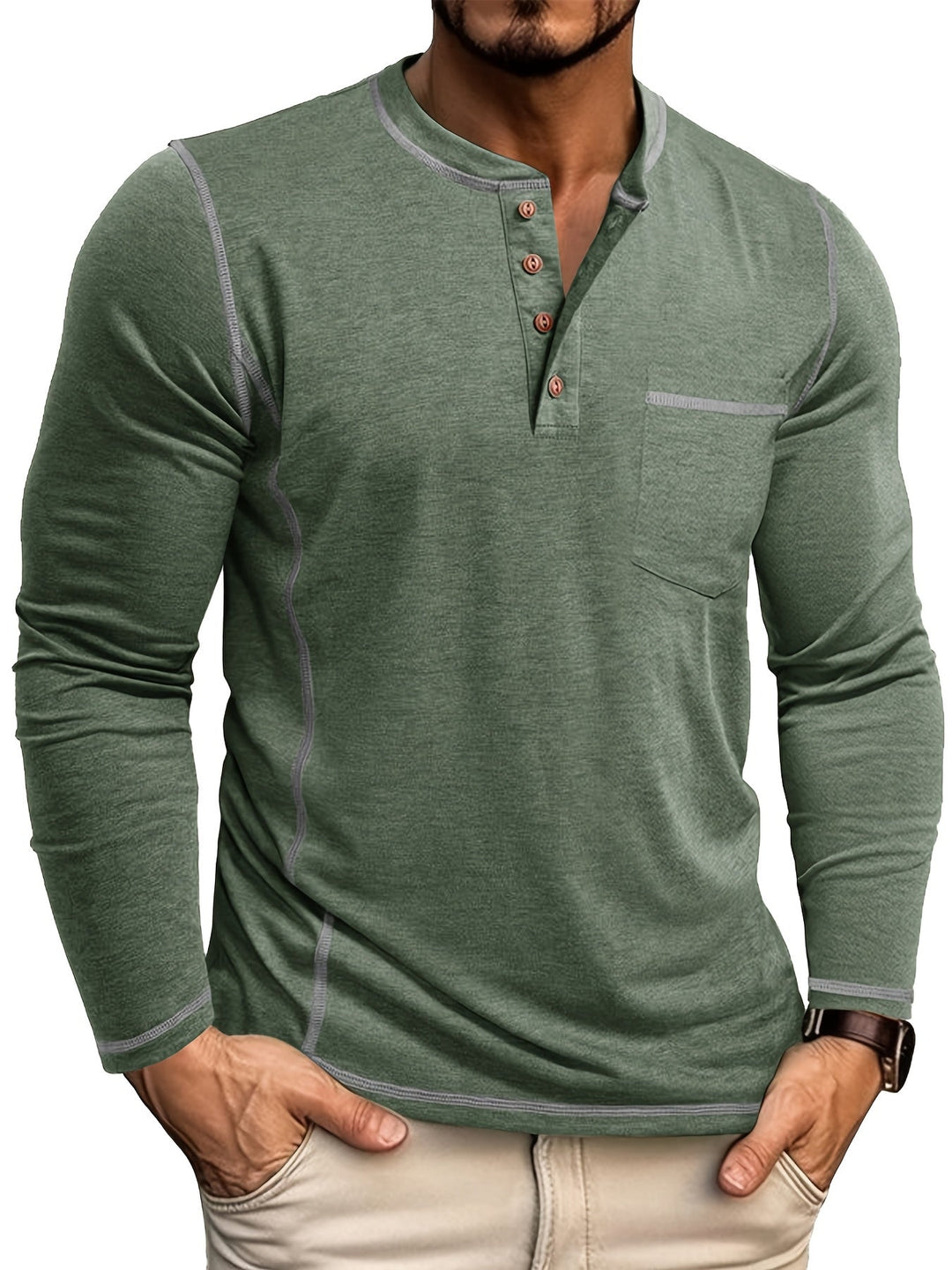 Reuben | Contrast-Stitch Long Sleeve Henley