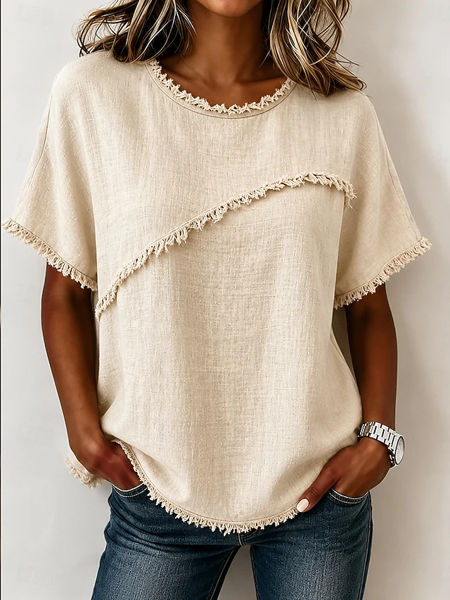 Wendy | Frayed-Trim Round Neck Top