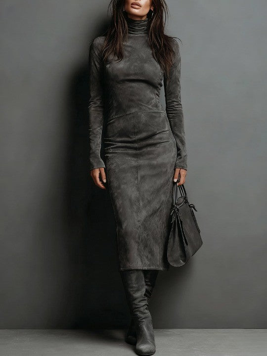 Mildred | Elegant Suede High Neck Dress