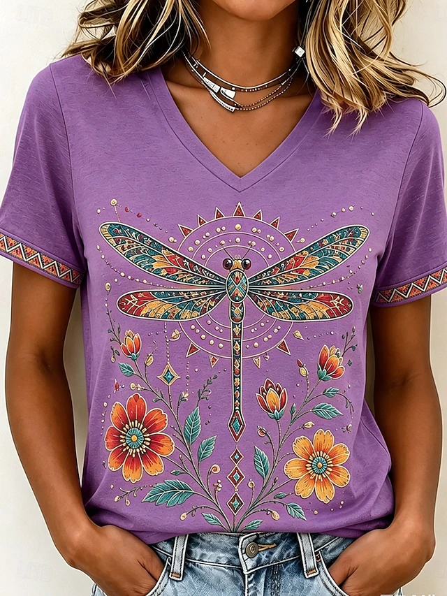 Yvette | Artful Dragonfly V-Neck T-Shirt