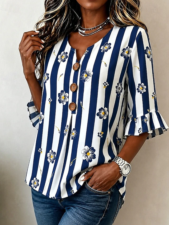 Vivian | Floral Striped V-Neck Blouse