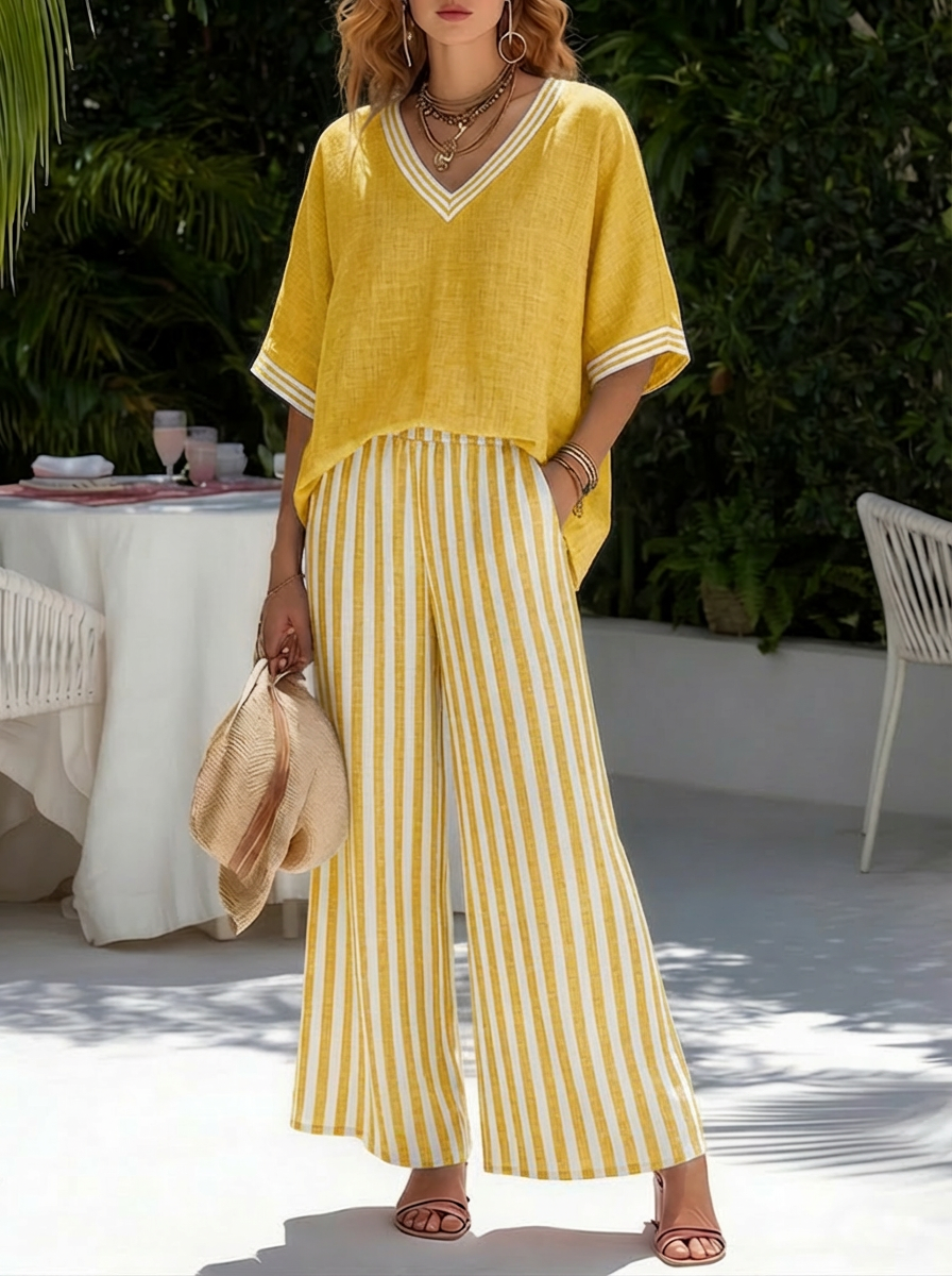 Beverly | Stylish V-Neck and Stripe Trousers Set