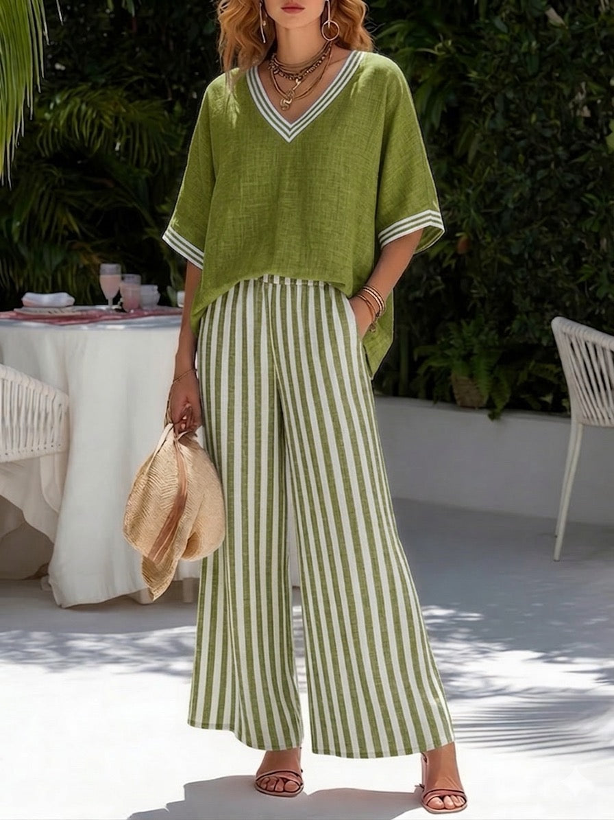 Beverly | Stylish V-Neck and Stripe Trousers Set