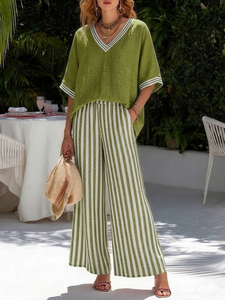 Beverly | Stylish V-Neck and Stripe Trousers Set