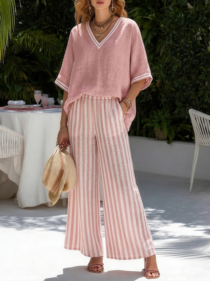 Beverly | Stylish V-Neck and Stripe Trousers Set