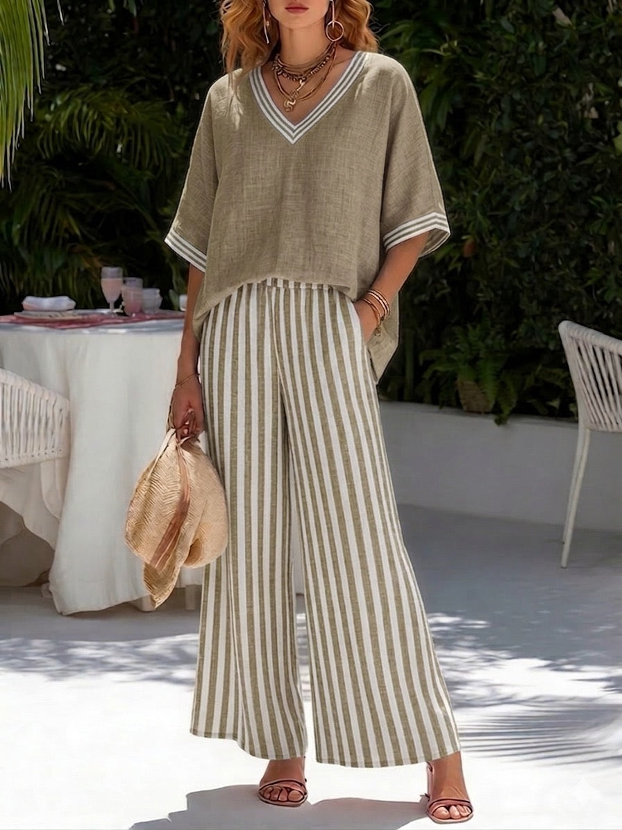 Beverly | Stylish V-Neck and Stripe Trousers Set