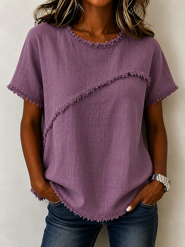 Wendy | Frayed-Trim Round Neck Top