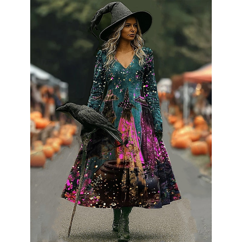 Maren | Halloween Witch Print A-Line Maxi Dress
