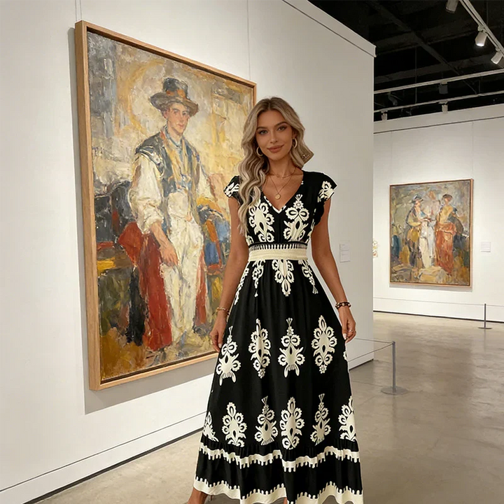 Rosalie | Baroque-Print V-Neck Maxi Dress