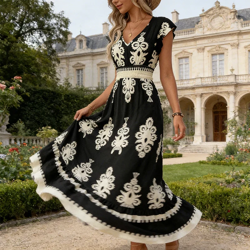 Rosalie | Baroque-Print V-Neck Maxi Dress