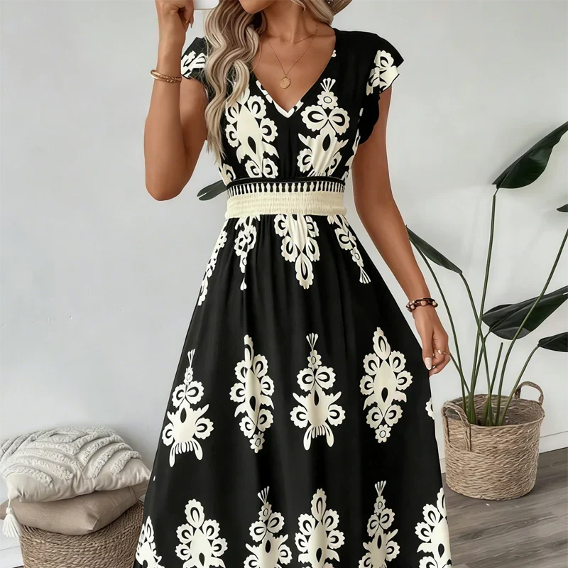 Rosalie | Baroque-Print V-Neck Maxi Dress
