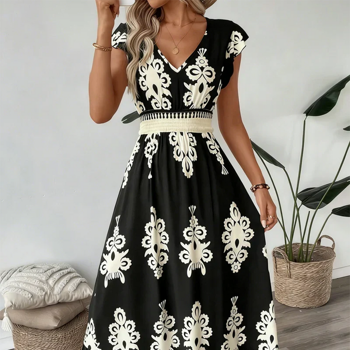 Rosalie | Baroque-Print V-Neck Maxi Dress