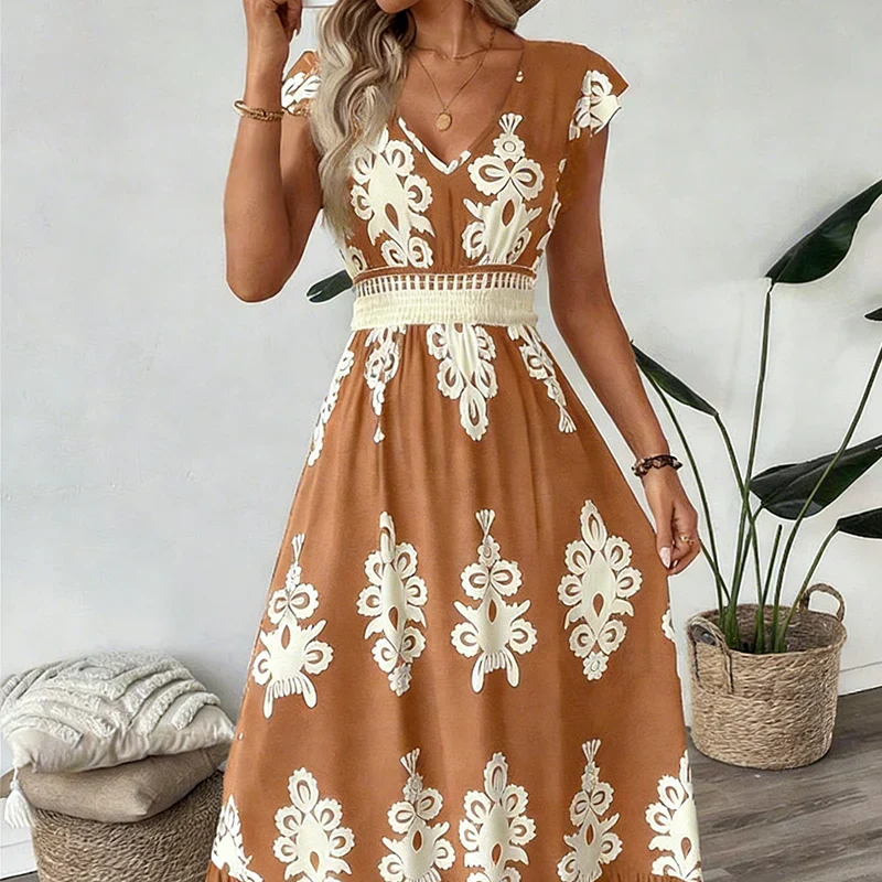 Rosalie | Baroque-Print V-Neck Maxi Dress