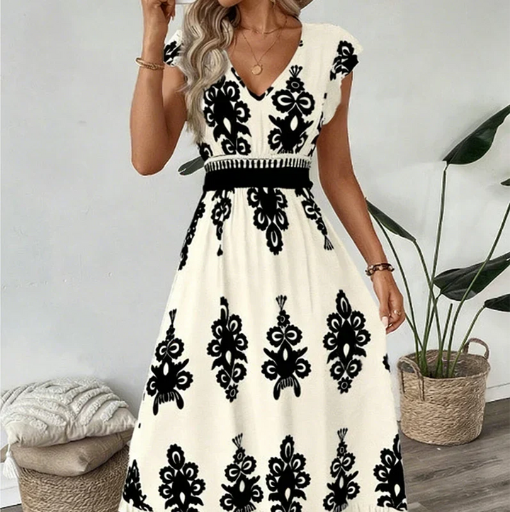 Rosalie | Baroque-Print V-Neck Maxi Dress