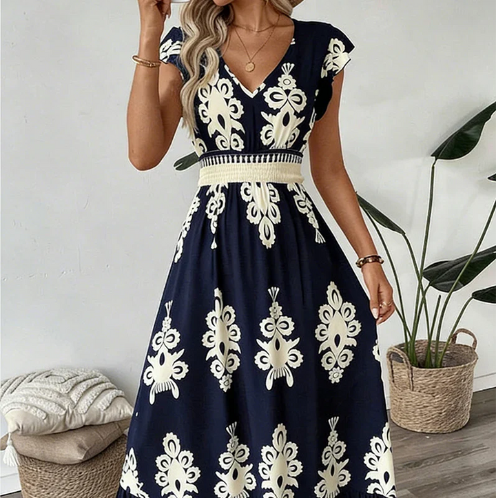 Rosalie | Baroque-Print V-Neck Maxi Dress