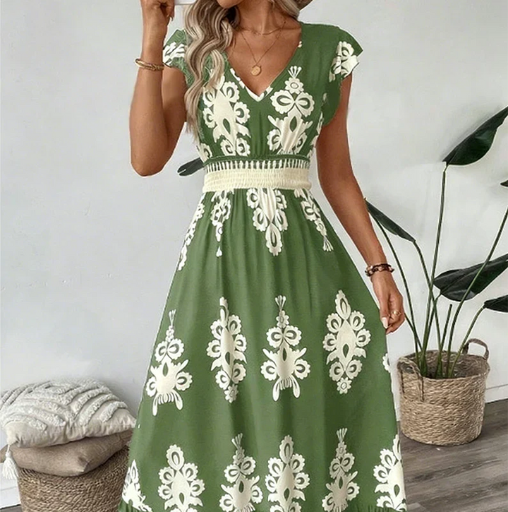 Rosalie | Baroque-Print V-Neck Maxi Dress