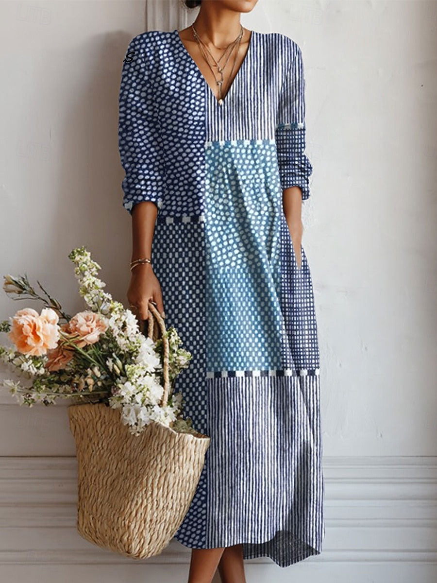 Heidi | Classic Blue Patched V-Neck Dress