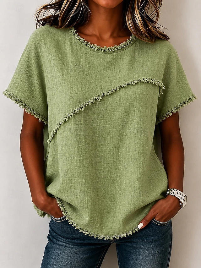 Wendy | Frayed-Trim Round Neck Top